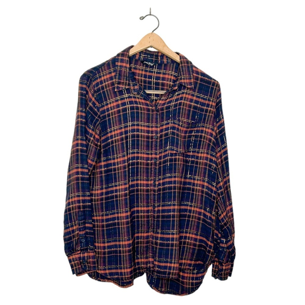 Lucky Brand Long Sleeve Metallic Plaid Button Down Shirt Medium M‎